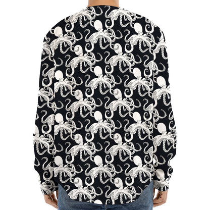 Black And White Octopus Pattern Print Long Sleeve Baseball Jersey