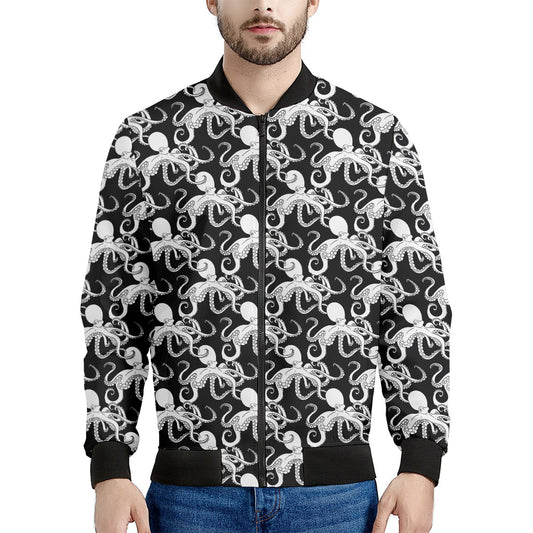 Black And White Octopus Pattern Print Men's Bomber Jacket