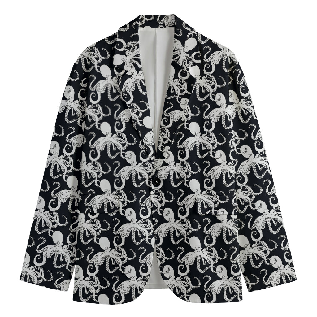 Black And White Octopus Pattern Print Men's Cotton Blazer
