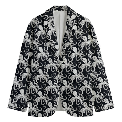 Black And White Octopus Pattern Print Men's Cotton Blazer