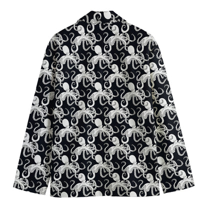 Black And White Octopus Pattern Print Men's Cotton Blazer