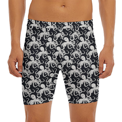 Black And White Octopus Pattern Print Men's Long Boxer Briefs