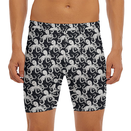 Black And White Octopus Pattern Print Men's Long Boxer Briefs