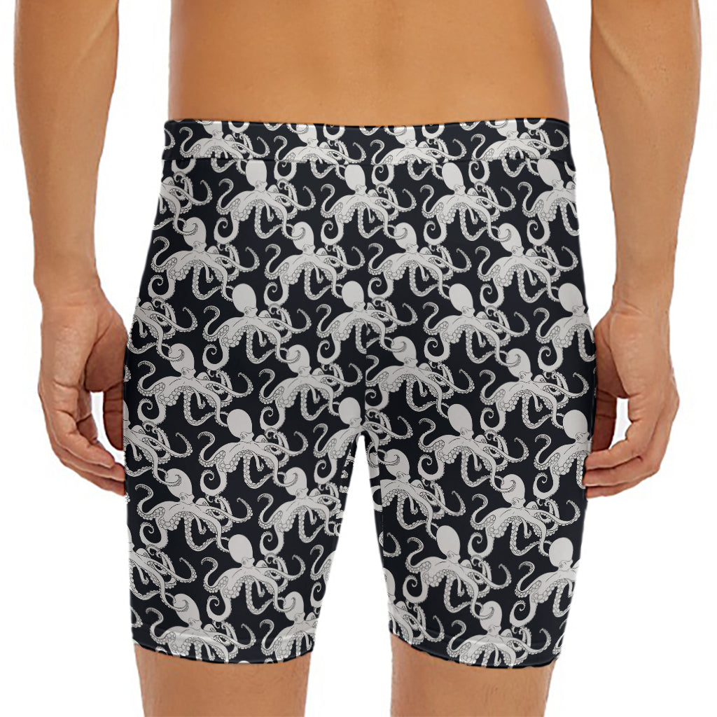 Black And White Octopus Pattern Print Men's Long Boxer Briefs