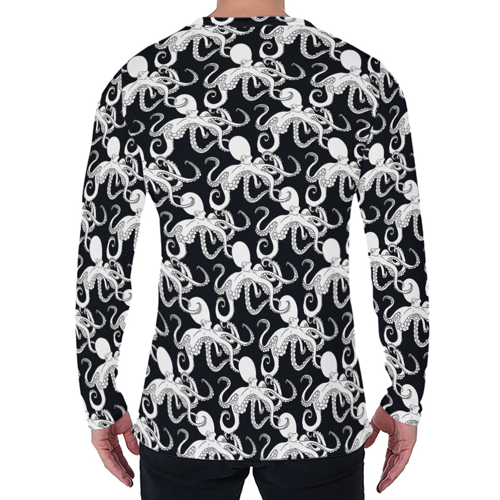 Black And White Octopus Pattern Print Men's Long Sleeve T-Shirt