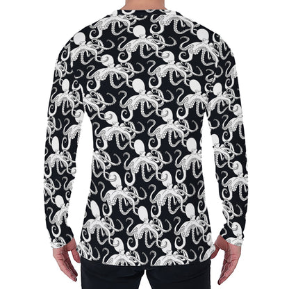 Black And White Octopus Pattern Print Men's Long Sleeve T-Shirt