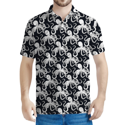 Black And White Octopus Pattern Print Men's Polo Shirt