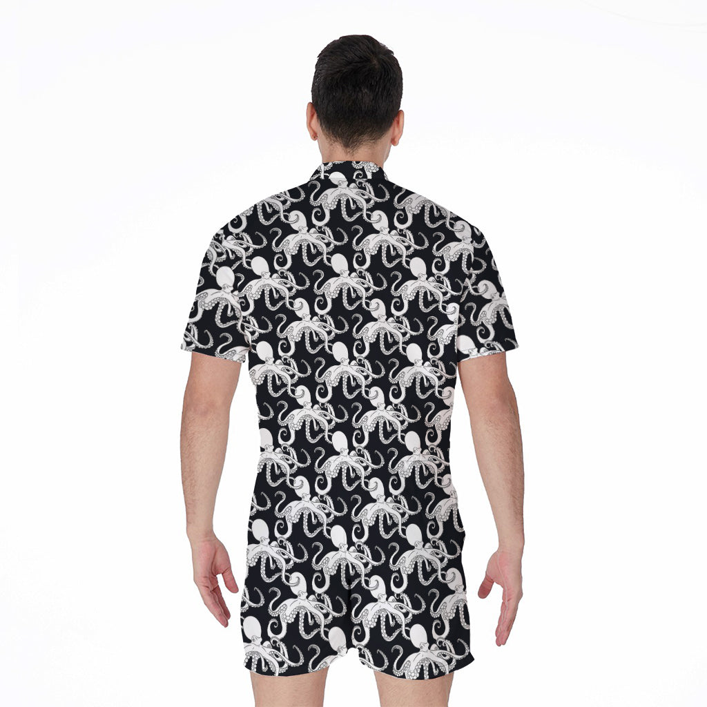 Black And White Octopus Pattern Print Men's Rompers