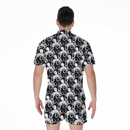 Black And White Octopus Pattern Print Men's Rompers