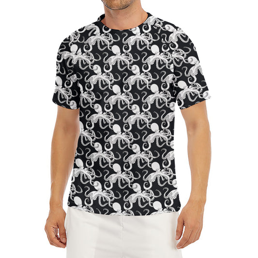 Black And White Octopus Pattern Print Men's Short Sleeve Rash Guard