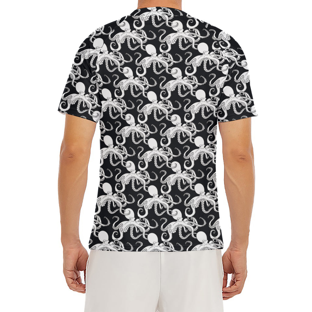 Black And White Octopus Pattern Print Men's Short Sleeve Rash Guard