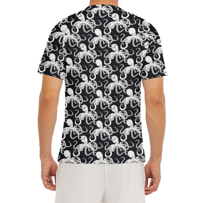 Black And White Octopus Pattern Print Men's Short Sleeve Rash Guard