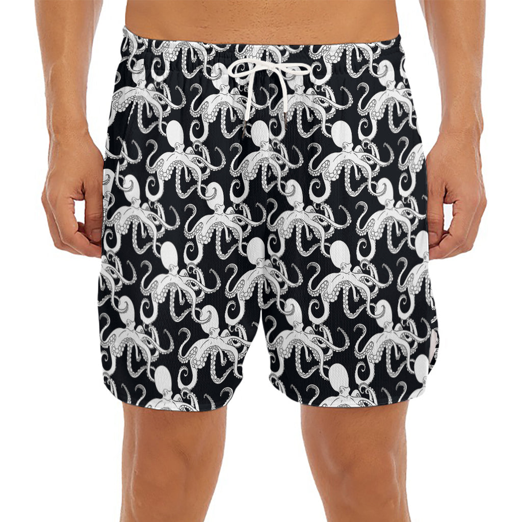 Black And White Octopus Pattern Print Men's Split Running Shorts