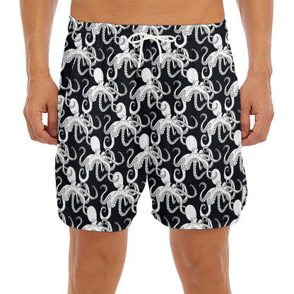 Black And White Octopus Pattern Print Men's Split Running Shorts