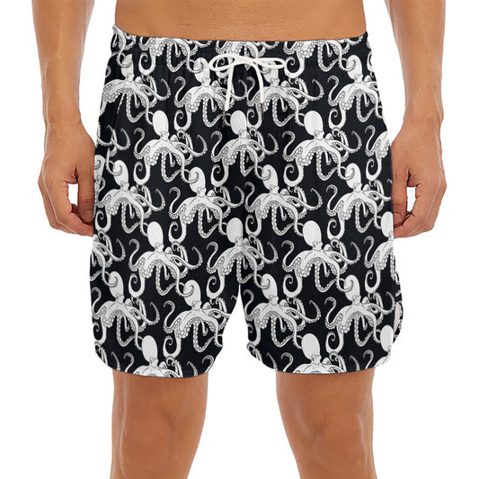 Black And White Octopus Pattern Print Men's Split Running Shorts
