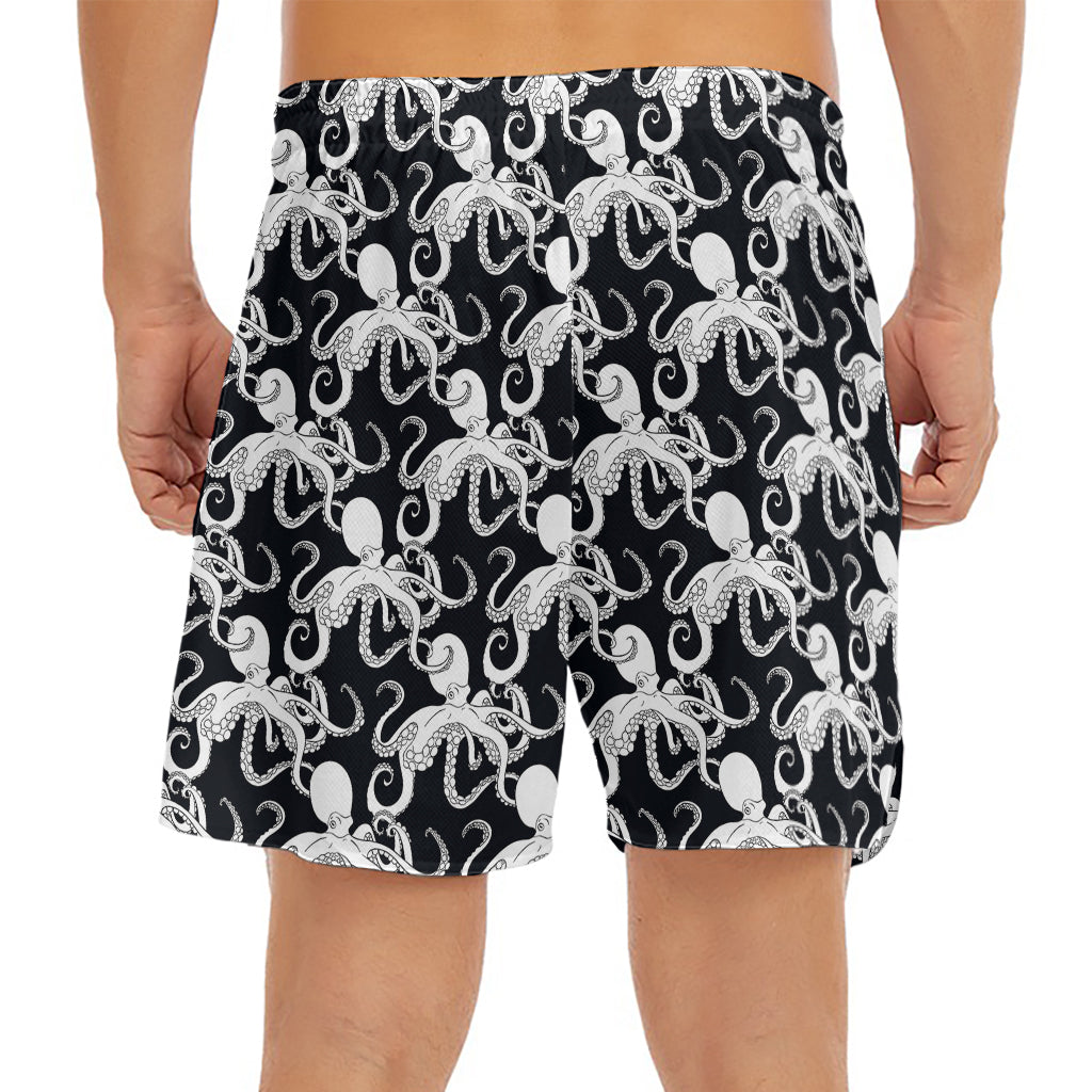 Black And White Octopus Pattern Print Men's Split Running Shorts
