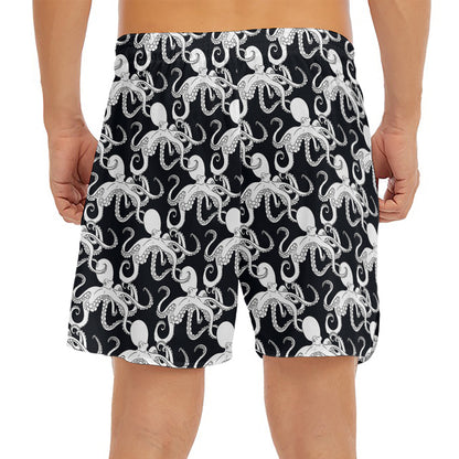 Black And White Octopus Pattern Print Men's Split Running Shorts