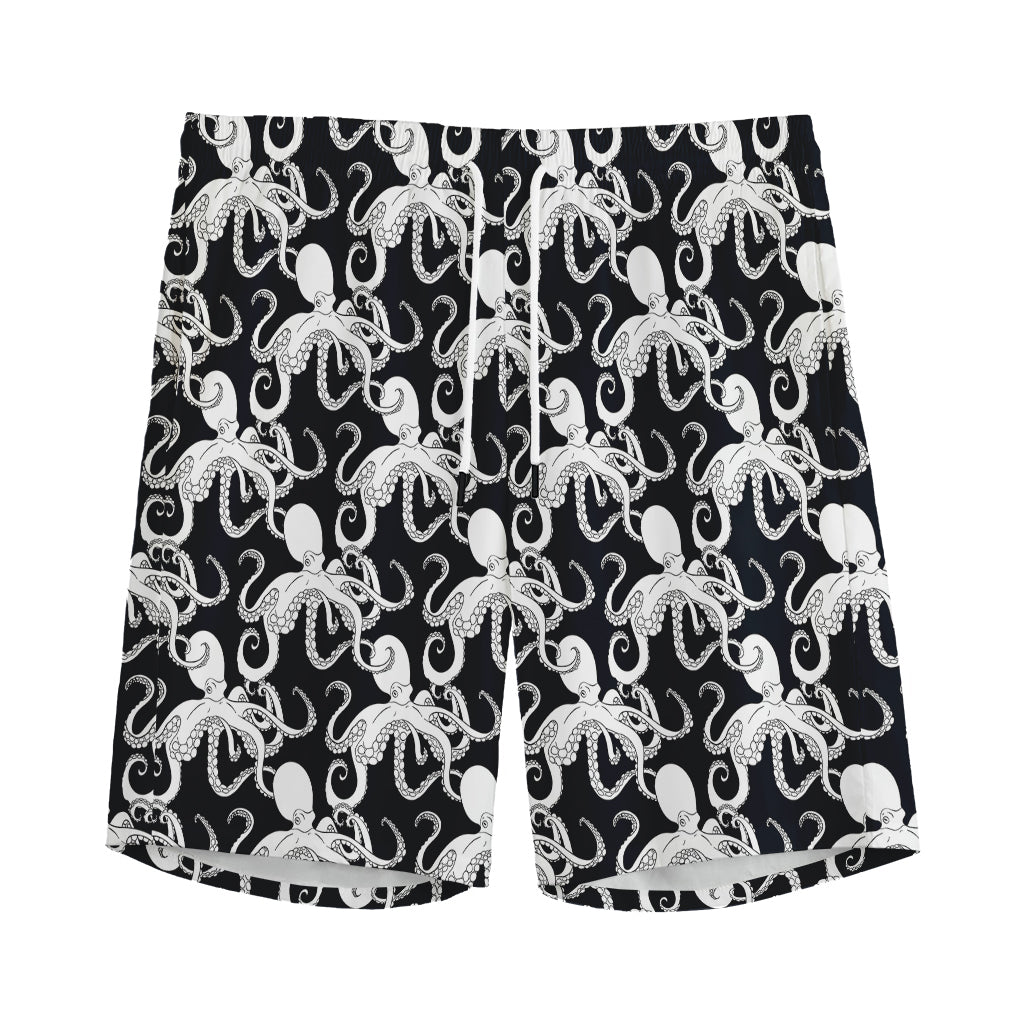 Black And White Octopus Pattern Print Men's Sports Shorts