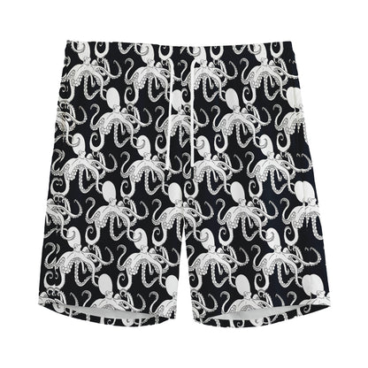 Black And White Octopus Pattern Print Men's Sports Shorts