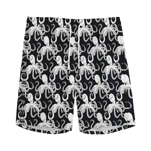 Black And White Octopus Pattern Print Men's Sports Shorts
