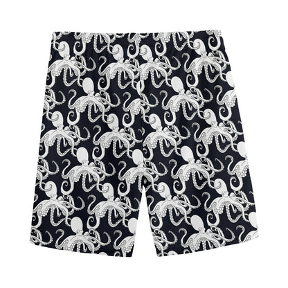Black And White Octopus Pattern Print Men's Sports Shorts