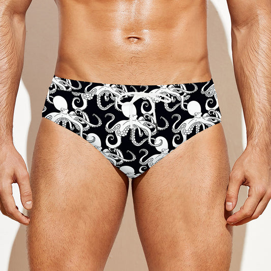 Black And White Octopus Pattern Print Men's Swim Briefs