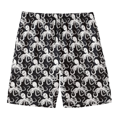 Black And White Octopus Pattern Print Men's Swim Trunks