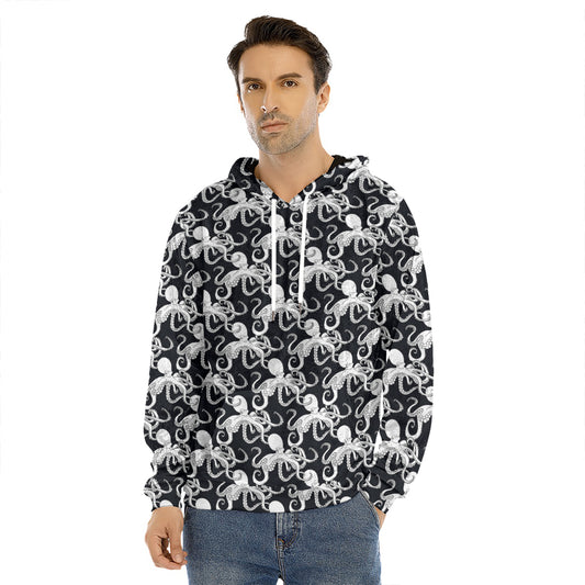 Black And White Octopus Pattern Print Men's Velvet Pullover Hoodie