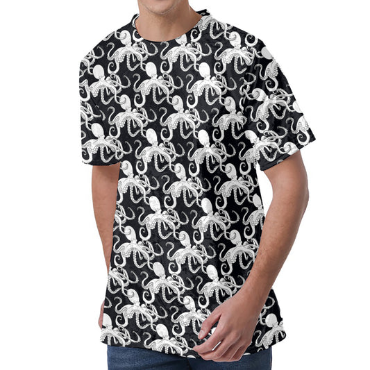 Black And White Octopus Pattern Print Men's Velvet T-Shirt