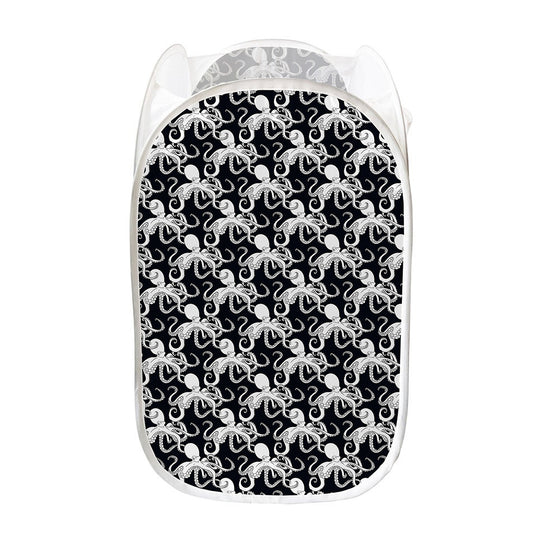 Black And White Octopus Pattern Print Mesh Laundry Hamper