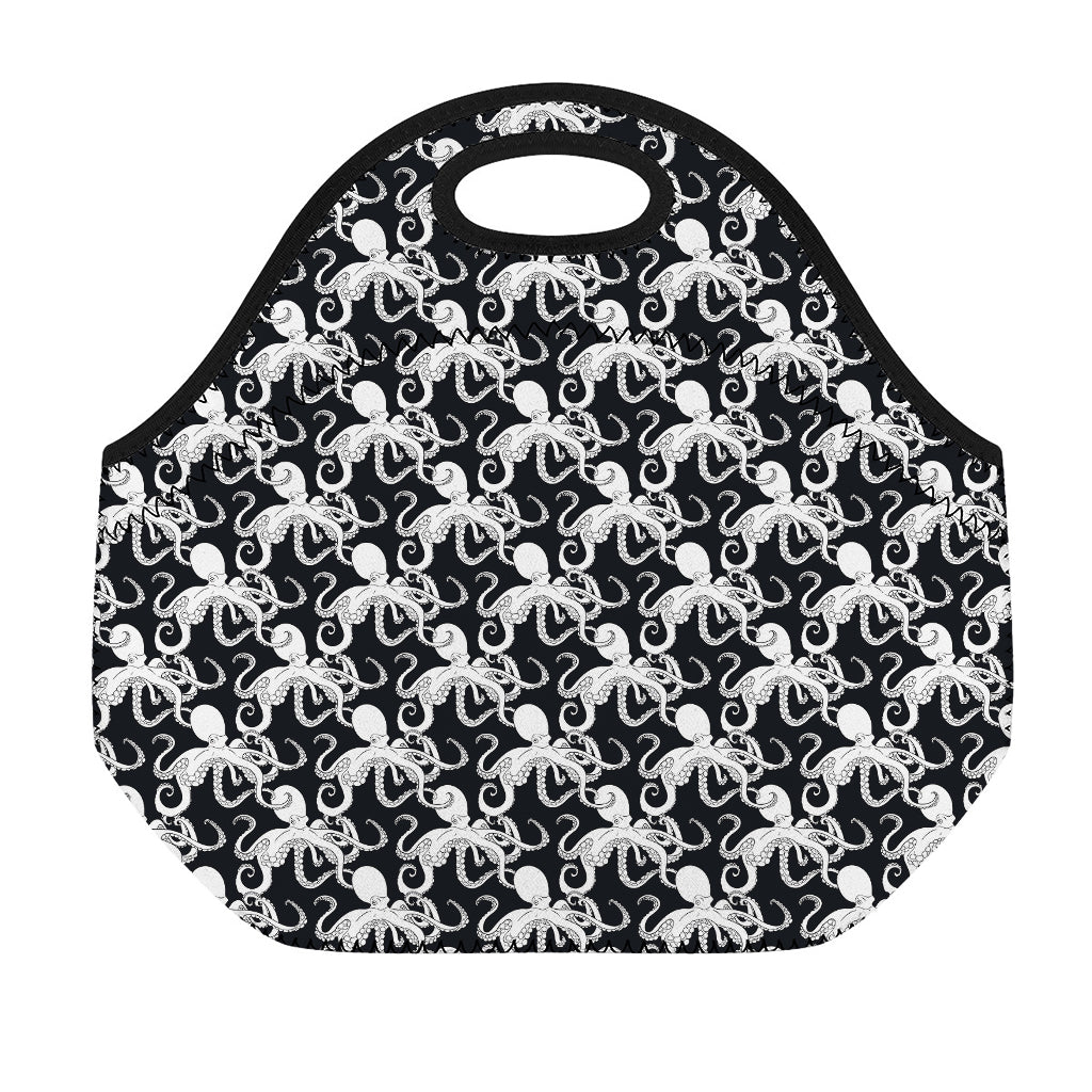 Black And White Octopus Pattern Print Neoprene Lunch Bag