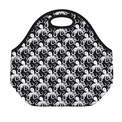 Black And White Octopus Pattern Print Neoprene Lunch Bag