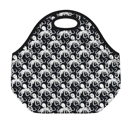 Black And White Octopus Pattern Print Neoprene Lunch Bag