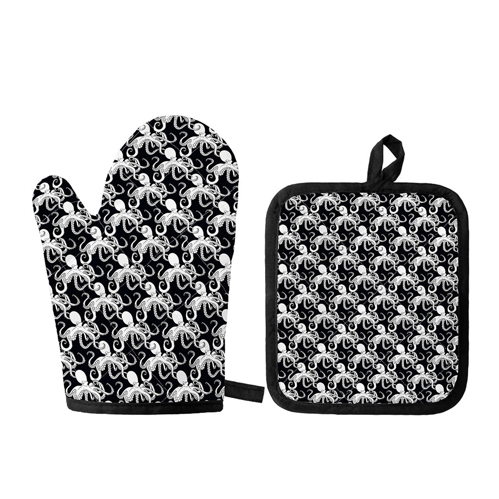 Black And White Octopus Pattern Print Oven Mitt And Pot Holder Set