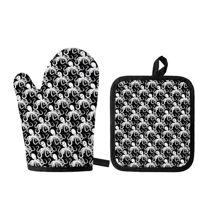 Black And White Octopus Pattern Print Oven Mitt And Pot Holder Set