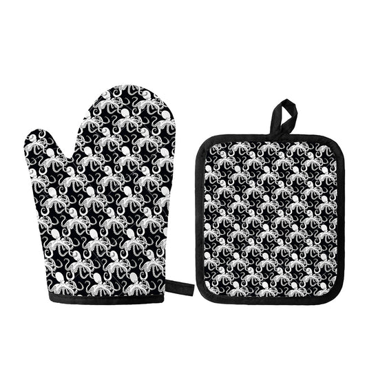 Black And White Octopus Pattern Print Oven Mitt And Pot Holder Set