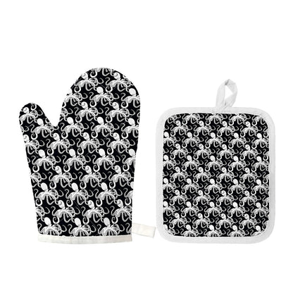 Black And White Octopus Pattern Print Oven Mitt And Pot Holder Set