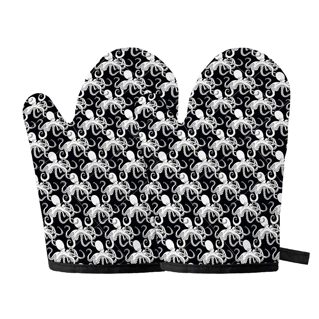 Black And White Octopus Pattern Print Oven Mitts