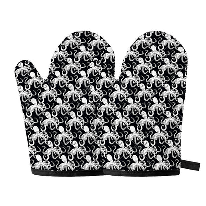 Black And White Octopus Pattern Print Oven Mitts