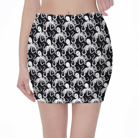 Black And White Octopus Pattern Print Pencil Mini Skirt