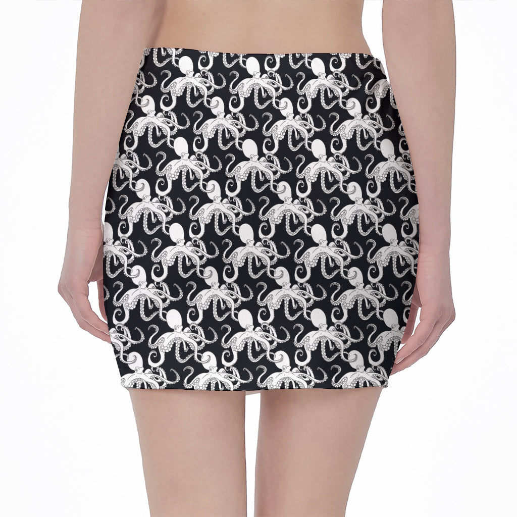 Black And White Octopus Pattern Print Pencil Mini Skirt