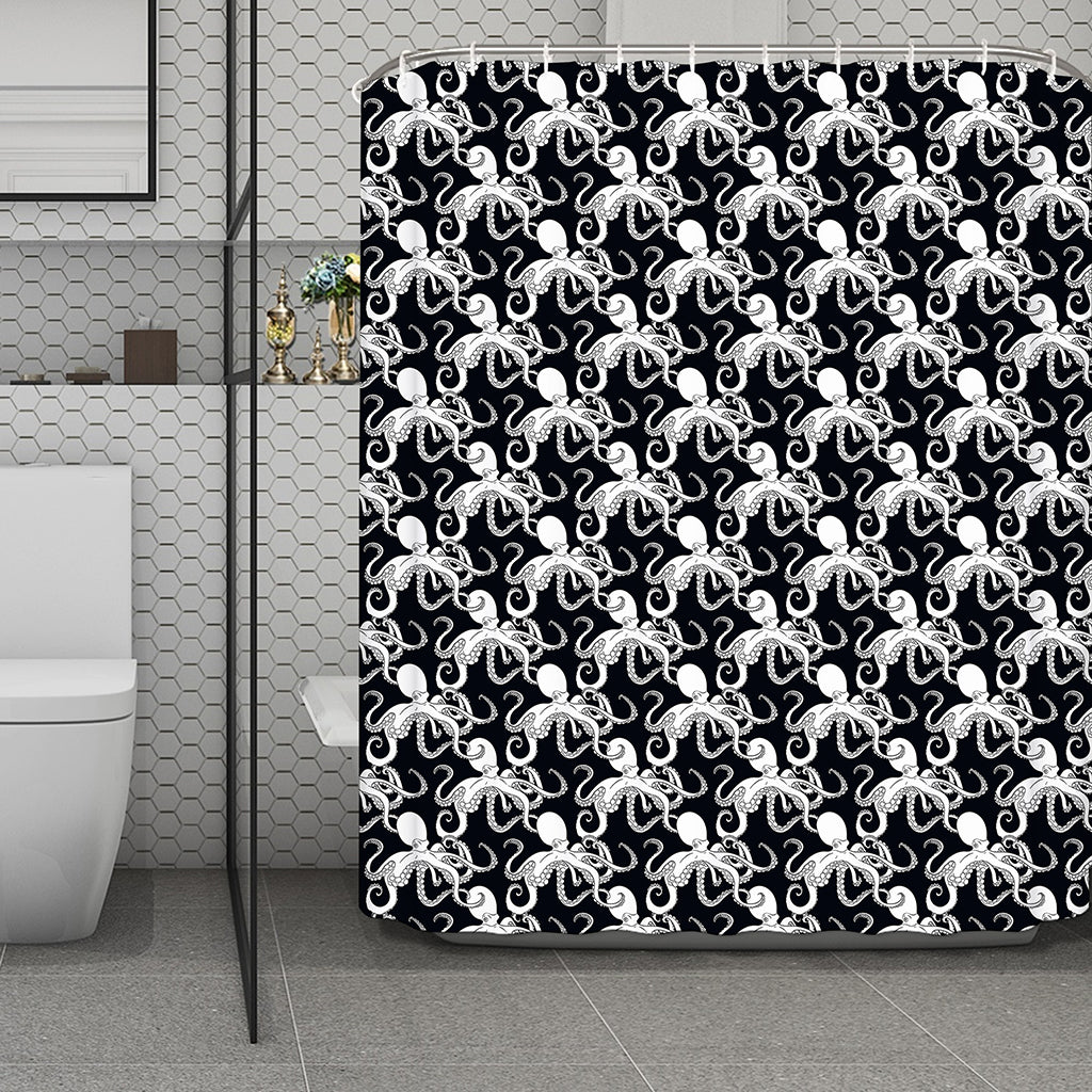Black And White Octopus Pattern Print Polyester Shower Curtain