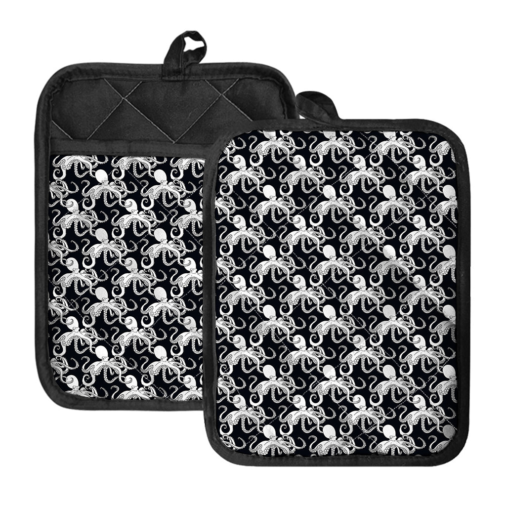 Black And White Octopus Pattern Print Pot Holders With Pocket