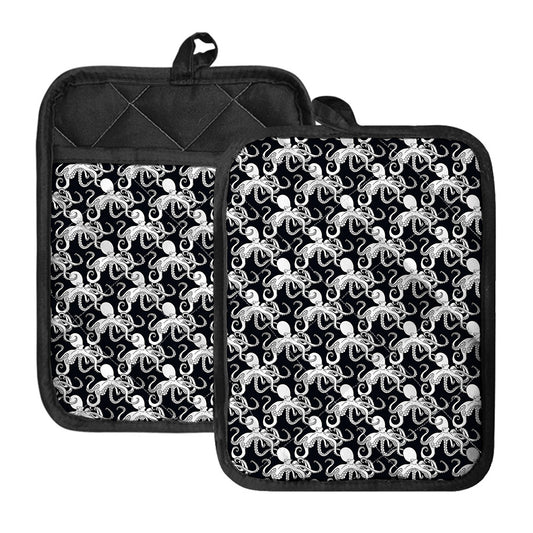 Black And White Octopus Pattern Print Pot Holders With Pocket