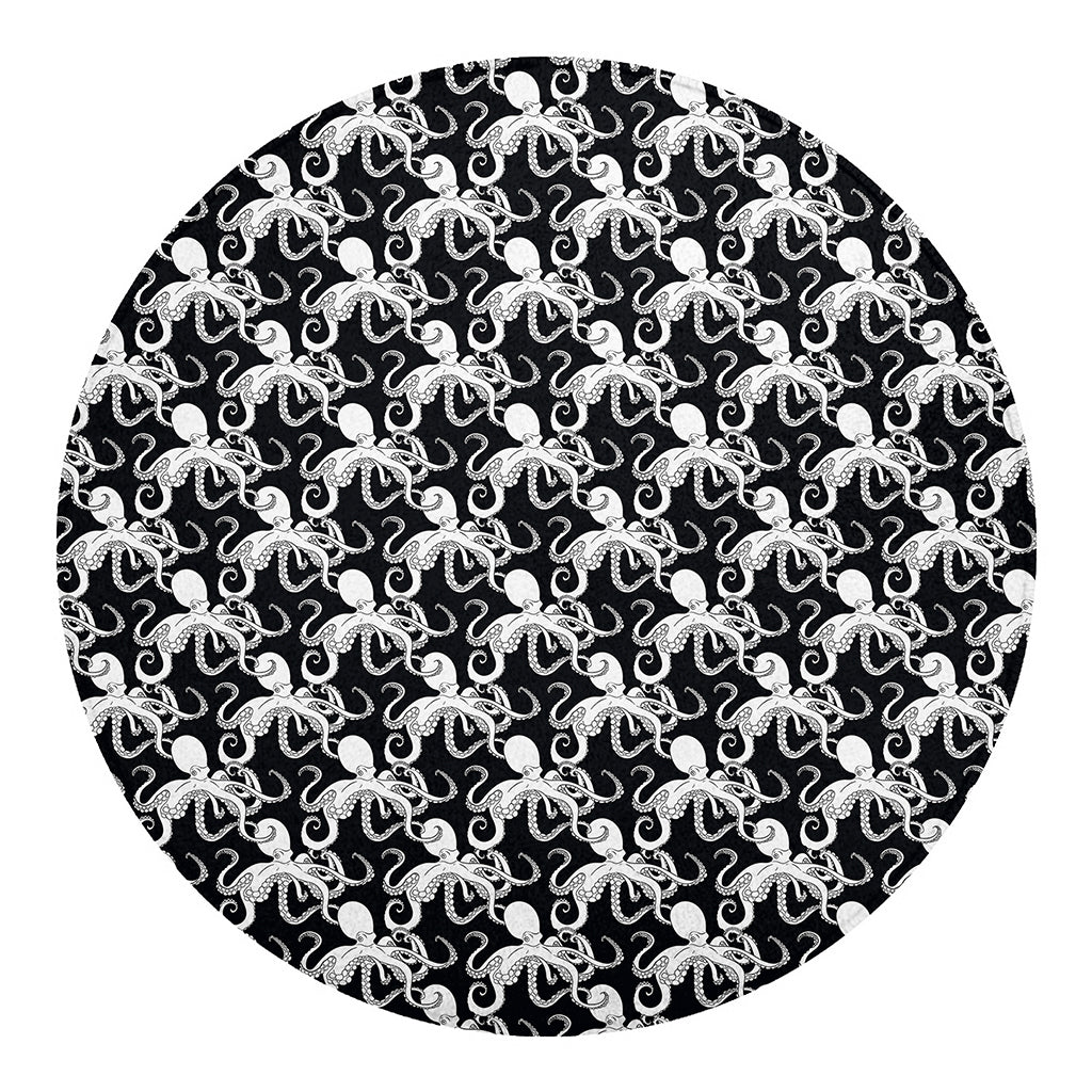 Black And White Octopus Pattern Print Round Blanket