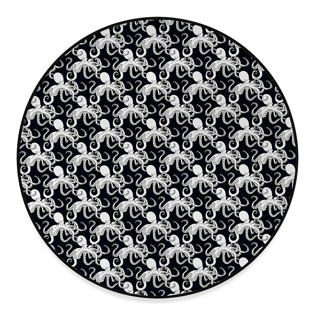 Black And White Octopus Pattern Print Round Floor Mat