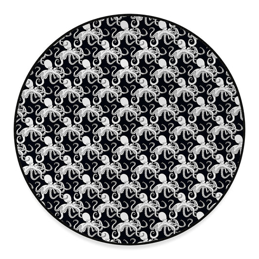 Black And White Octopus Pattern Print Round Floor Mat