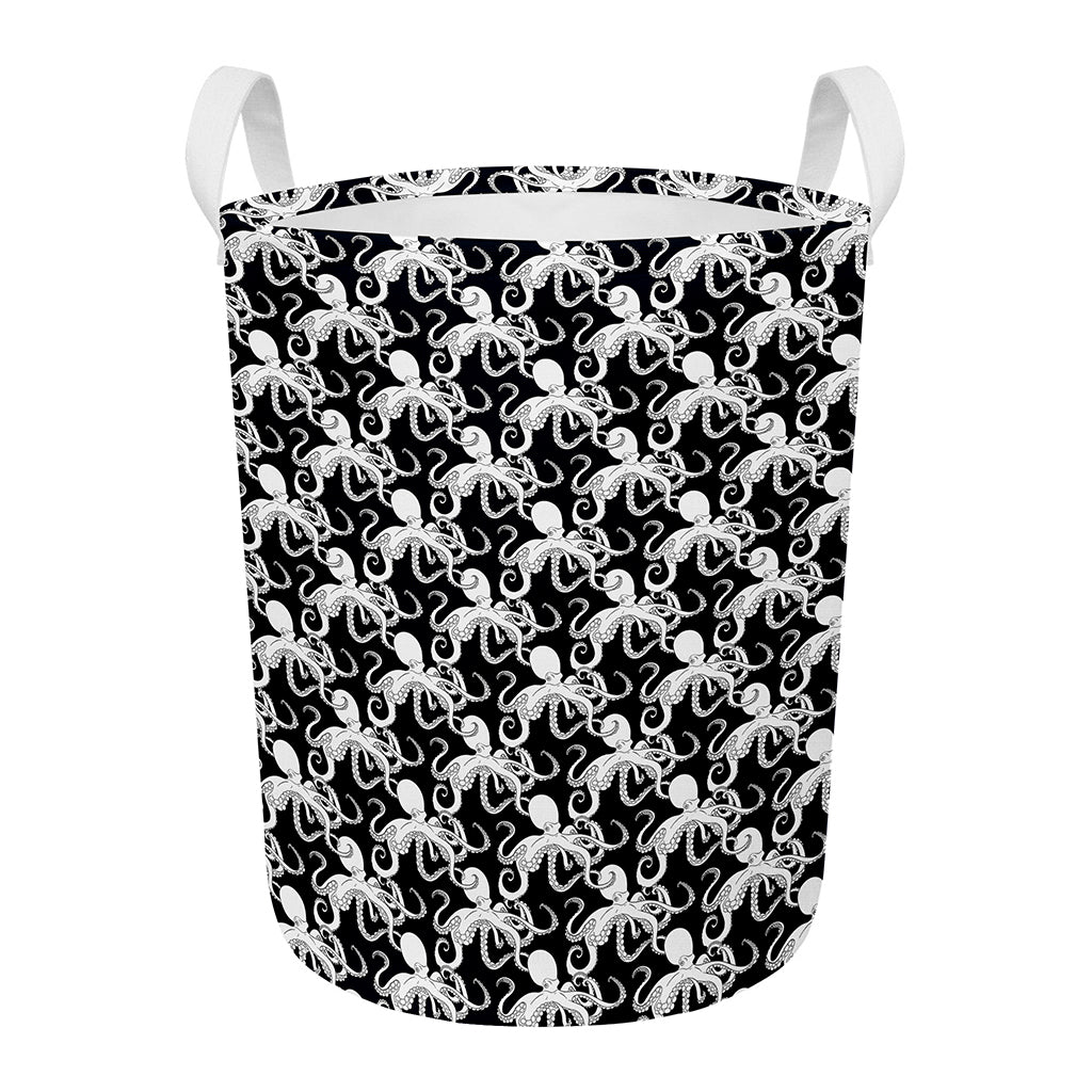 Black And White Octopus Pattern Print Round Laundry Basket