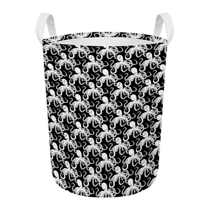 Black And White Octopus Pattern Print Round Laundry Basket