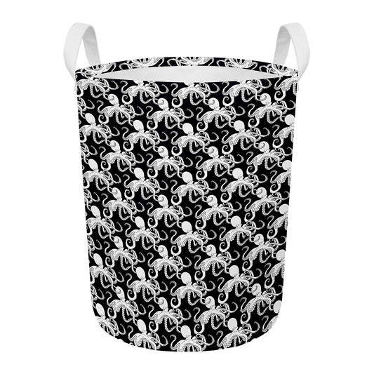 Black And White Octopus Pattern Print Round Laundry Basket